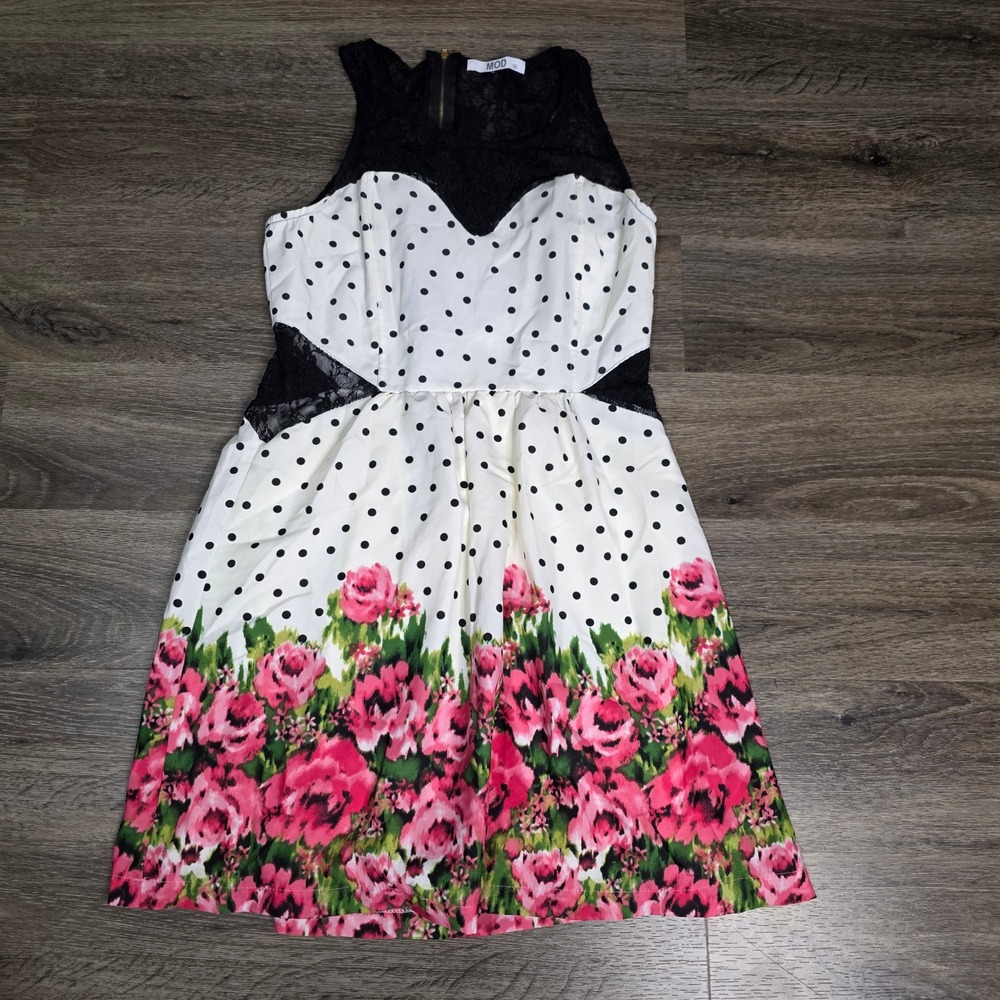 MOD Womens Medium Fit and‎ Flare Dress White Polka Dot Floral Lace J31334A